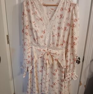 SHEIN Cream and Red Floral Long Sleeve Dress